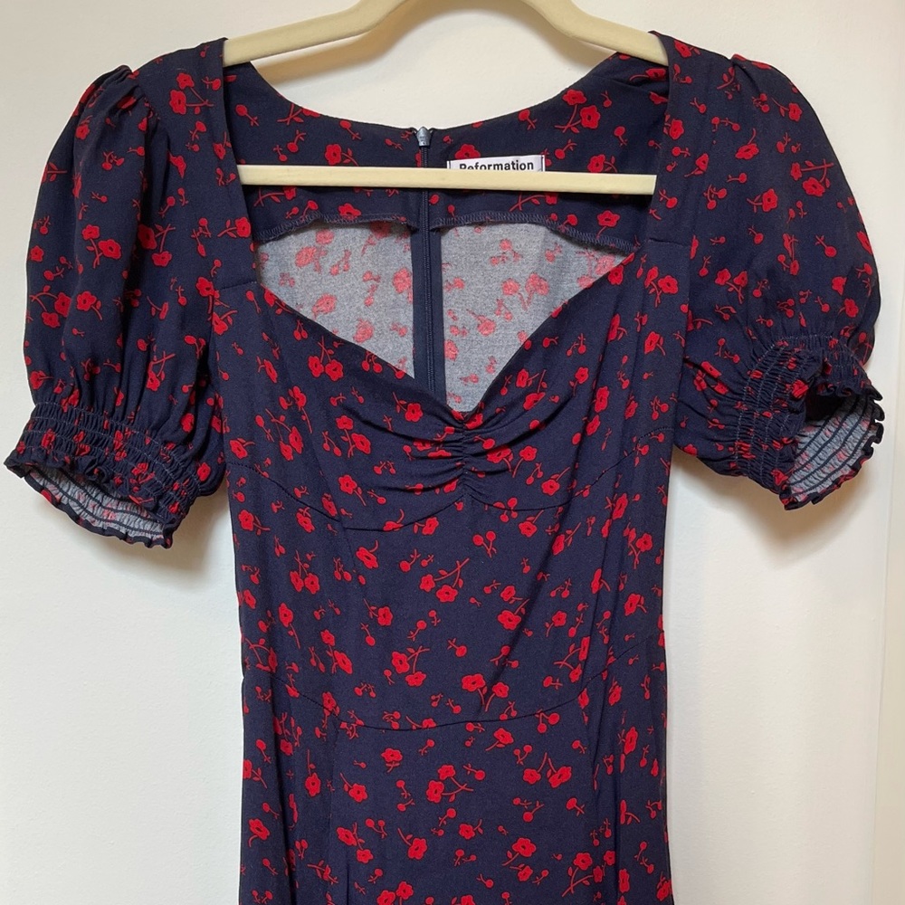 REFORMATION Dark Blue and Red Floral Dress